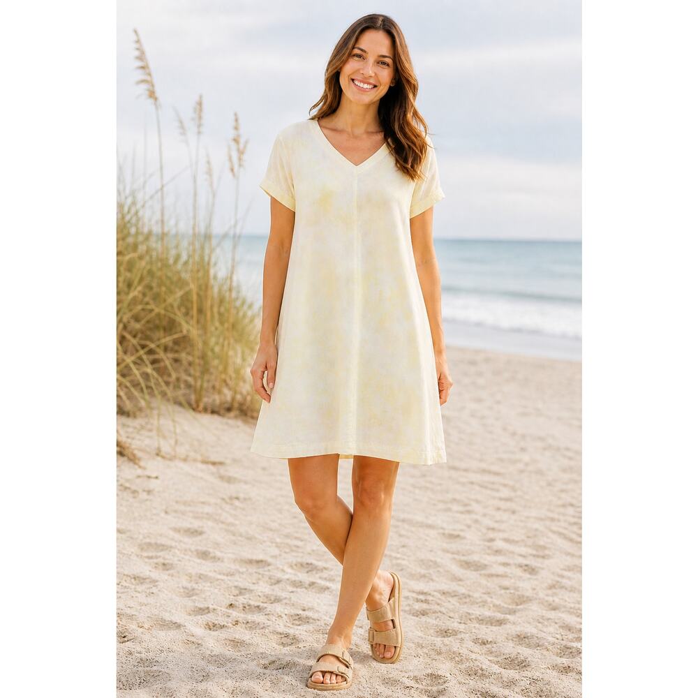 Wilt 100% Linen Tie Dye Shift Dress M Short Sleeve V-Neck Butter Yellow Beach